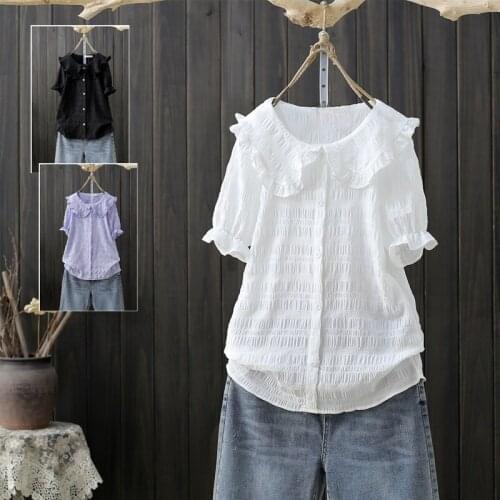 Sweet Style Oversized Loose White Women Shirts Summer New 2021 Turn-Down Collar Ruffles Solid Elegant Office Lady Outwear Tops