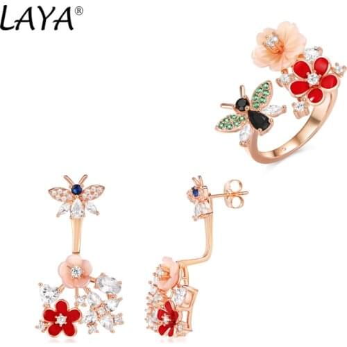 Laya 925 Sterling Silver High Quality Zircon Natural Shell Flower Butterfly Enamel Ring Drop Earrings For Women Trendy Jewelry