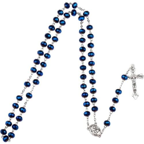 Blue Crystal Beads Catholic Rosary Necklace Virgin Holy Land Baby Religious Cross Necklaces Men Women Jewelry Charm Gift