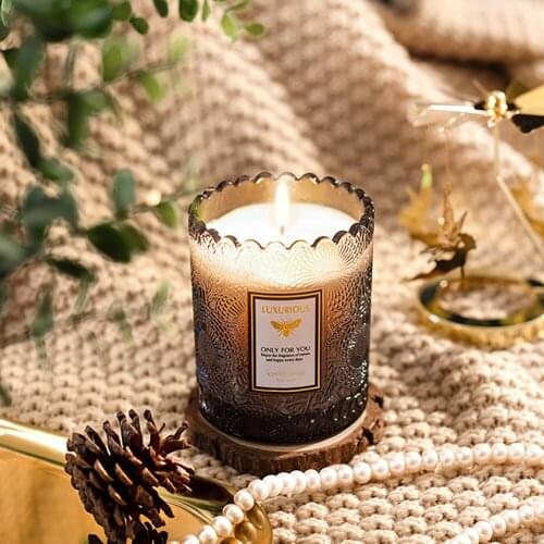 Glass Cover Aromatherapy andle Cup Customization Lace Edge Embossed Soy Wax Scented Candle Snare Embossed Glass Scented Candle