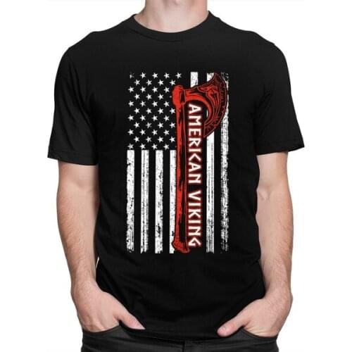 Vintage American Viking Flag T Shirt Mens Short Sleeve Cotton Tee Top Casual Norse Axe T-shirt Patriotic Tshirt Merch Gift Idea
