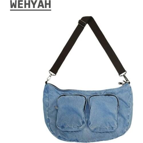 Wahyah Denim Bags for Women 2021 Luxury Denim Crossbody Bag Designer Jeans Bags Unisex Student Schoolbag Casual Tote Man ZY018