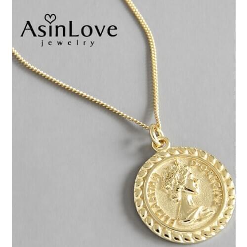 AsinLove 18K Gold Portrait Coin Round Pendant for Women Real 925 Sterling Silver Vintage Europe Handmade Necklaces Fine Jewelry