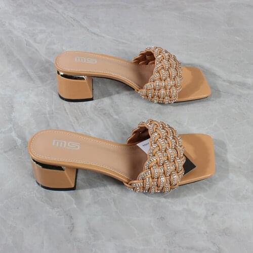 Womens Shoes Fashion Summer New Square Toe Open Toe Woven Chain Mid-Heel Womens Sandals Square Heel Simple Outer Wear 5CM