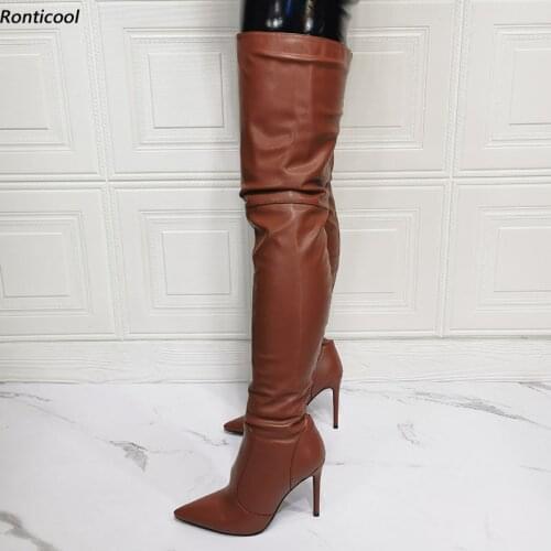 Ronticool Handmade Women Winter Thigh High Slim Boots Side Zipper Sexy Stiletto Heels Pointed Toe Brown Shoes Women Us Size 6-15