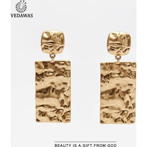 Vedawas ZA Rectangular Drop Earrings For Women Vintage Gold Color Geometric Leaf Circle Hoop Earrings Accessories Jewelry Gifts