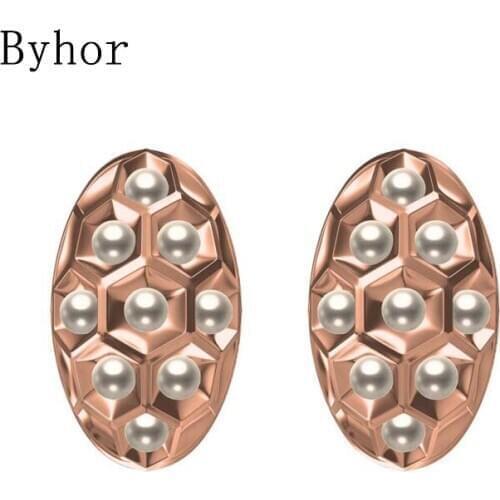 Byhor Solid 14K White/Yellow+White/Rose+White Gold Natural Freshwater pearl Stud Earrings Wedding Women Oval Cерьги Fine Jewelry