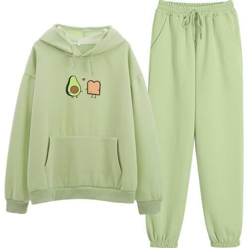 Womens Loose Hoodies Sweatshirt Pullover Avocado Print Plus Velvet Sweatshirts Sweatpants Ladies Harajuku Fleece Hoody Sets