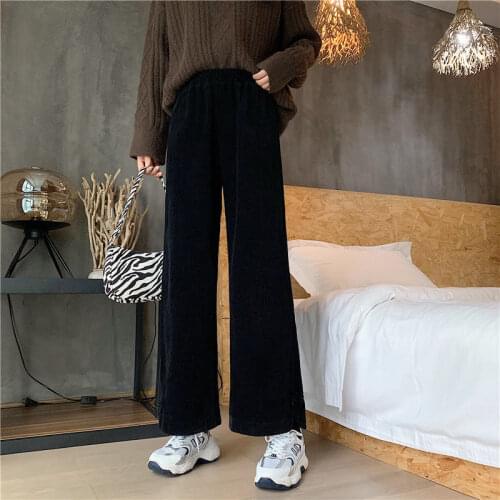 MINGLIUSILI Corduroy Pants Women Autumn Korean Fashion Black Wide Leg Pant Solid All-match High Waist Loose Casual Clothes