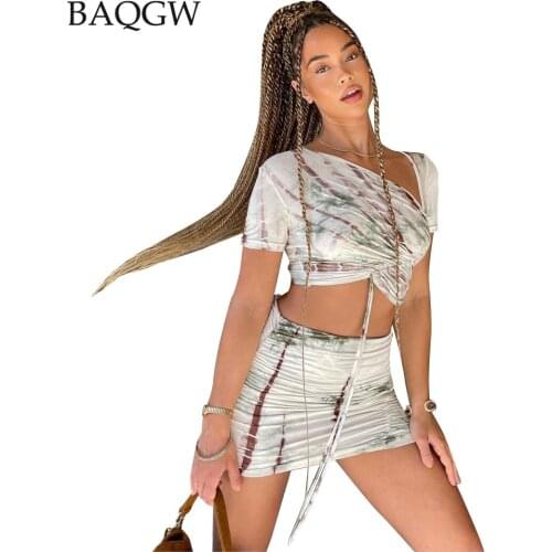 Streetwear Summer Fashion Drawstring Irregular Top Tees Women Print Mini Skirt Two Piece Dress Set Bodycon Wrap Casual Outfits