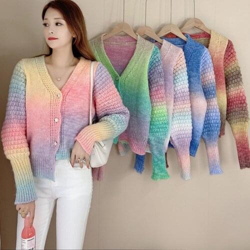 2021 Autumn Fashion Rainbow Color Women Long Sleeve Knit Cardigan Single Breasted V Neck Loose Sweaters Female Casual Warm Coats