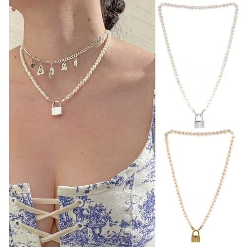 Rock Choker Lock Glass Pearls Necklace For Women 2021 Punk Gold Chunky Chain Key Padlock Pendant Necklaces Party Jewelry