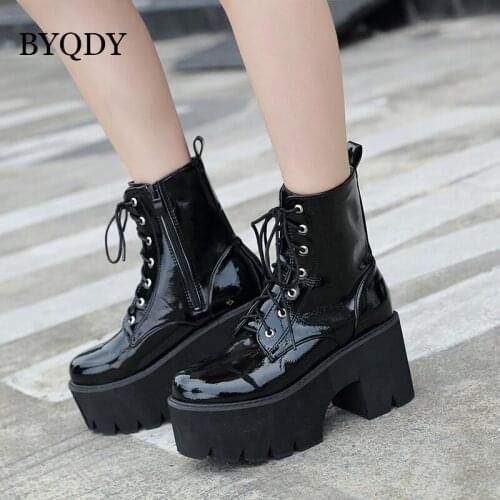 BYQDY Combat Patent Leather Boots Plus 42 Round Toes Women Shoes Lace Up Gothic Black Platform Leather Motorycycle Ankle Booties