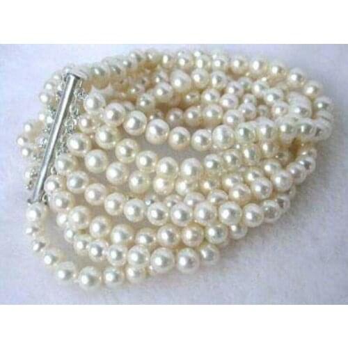 8 Rows Natural 6-7mm White Freshwater Cultured Baroque Pearl Bracelet 7.5