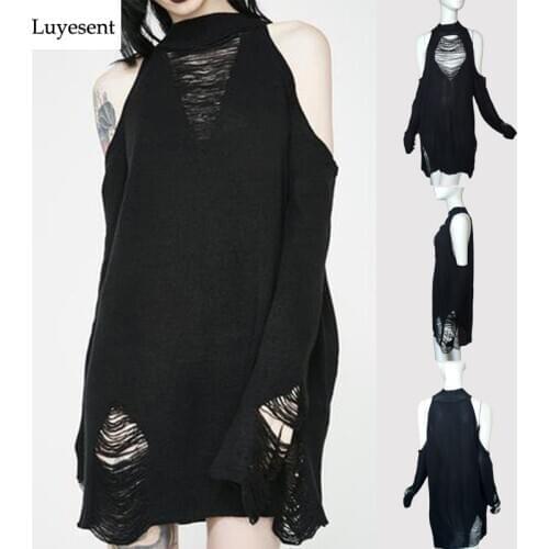 Black Gothic Long Sweaters Women Punk Hollow Out Off Shoulder Thin Hole Pullover Jumpers Cool Broken Knit Sexy Sweater Slit Top