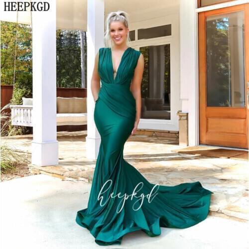 Elegant Long Green Evening Formal Dresses Pleat Satin V Neck Mermaid Plus Size Wedding Party Dress Customize Prom Gowns Cheap
