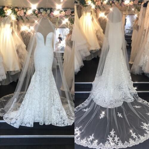 2020 Designed Bridal Veils Cathedral Length Lace Appliqued Edge Wedding Veils One Layer Bridal Veil With Free Comb