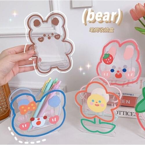 Ins Kawaii Acrylic Pen Holder Desktop Organizer Creative Cute Bear Office Stationery Cosmetics Storage Box Coaster Clips