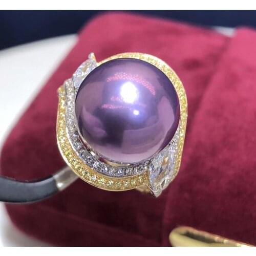 Fine Jewelry 14K Yellow Gold Natural Fresh Water Purple 12-13mm Pearls Rings for Women Fine Pearls Rings