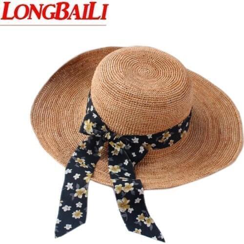 LongBaiLi Casual Women Large Brim Raffia Straw Sun Floppy Beach Hat Flower Ribbon SWDS150