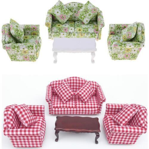 Dollhouse Miniature 1:12 Living Room Dolls Furniture Calico sofa Set 4 Couch with tea table