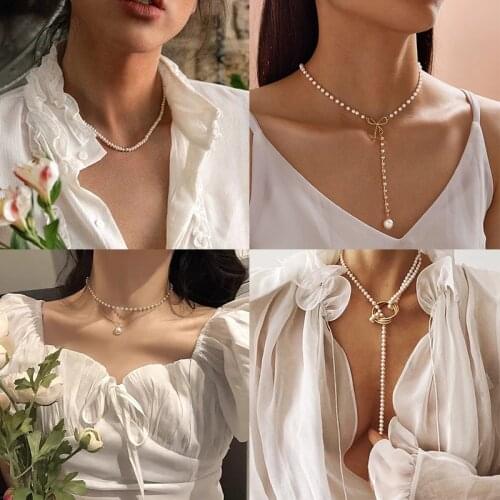 2021 NEW Vintage Pearl Necklaces for Women Fashion Multilayer Shell Pendant Chain Necklace Cross Choker Jewelry Gift