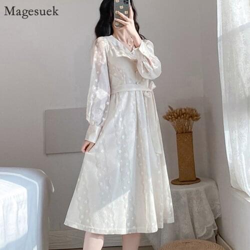 New Vintage Lace Spring Summer Dress Women Long Sleeve V-neck Dresses A-line High Waist Sashes Midi Dress Female Vestido 12919