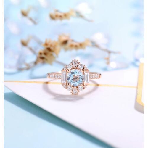 Unique Vantage Moissanite Accents Birthstone Aquamarine Engagement Ring for Women Bridal Jewelry