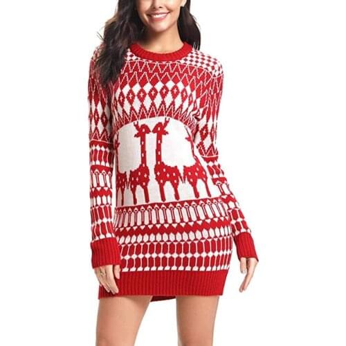 Autumn Winter Christmas Long Sweaters Dress Ladies Knitted Jumper Pullover Women Sweater Snowflake Elk Print Sweaters Pullovers