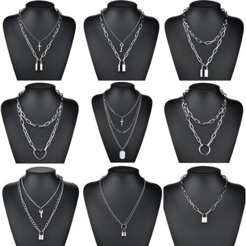 Cute Simple Chain Link Lock Key Heart Round Necklace Pendant Women Fashion Goth Jewelry Party Punk Collier Long Necklace Gift