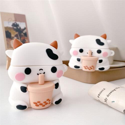 Cute For AirPods 1 2 Pro Case Cartoon 3D Cow Cattle Milk Tea Box Soft Silicone Wireless Bluetooth Earphone Protect Cover Animal