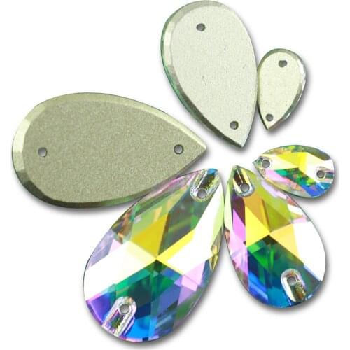 Sew On Crystal Teardrop Rhinestone FlatBack Garment Accessaries wedding dress 2 holes AB color 11x18mm 13x22mm 17x28mm 7x12mm