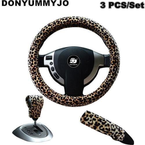 DONYUMMYJO High Quality Soft 38cm Leopard Auto Car Steering Wheel Covers+Handbrake cover + car Automatic Covers for lady women