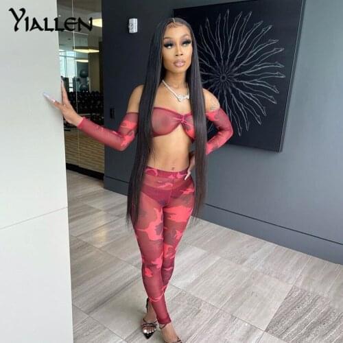Yiallen Women Fashion Sexy Print See Through Mesh Off Shoulder Crop Top and Trousers Two Piece Set Autumn Slim Stretch Suit Hot