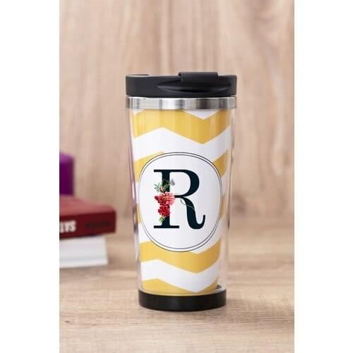 Gift Shop R Letter Flower Design Yellow Thermos Cup