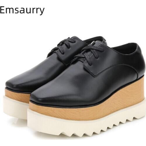 Classic Little Square Toe High Increasing Shoes Woman Flat Platform Lace-Up Solid Spring Autumn Runway Zapatos De Mujer