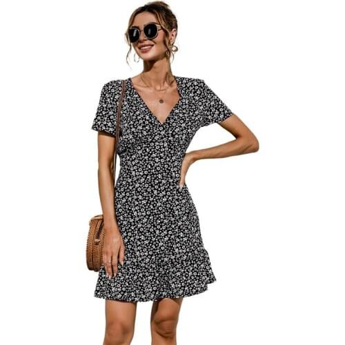 Lady Dot Printed Dress Summer Short Sleeve V-Neck Short Dresses For Women Floral Print Boho Ruffles Hem Casual A-Line Dress 2021