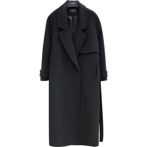 Womens Woolen Blended Coat Autumn Winter Black Long Cashmere Woolen Coat Large Size Female Thick Warm Belt Wool Jacket A191