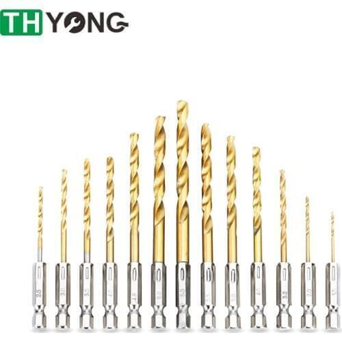 13pcs/set HSS High Speed Steel Titanium Coated Drill Bit Set 1/4 Hex Shank 1.5-6.5mm