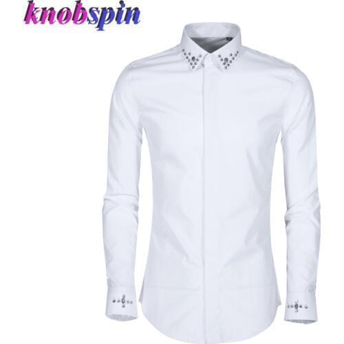 Brand Business Mens Shirt High quality 80% pure Cotton White Black Shirts men full Sleeve Slim clothing with CZ Skull