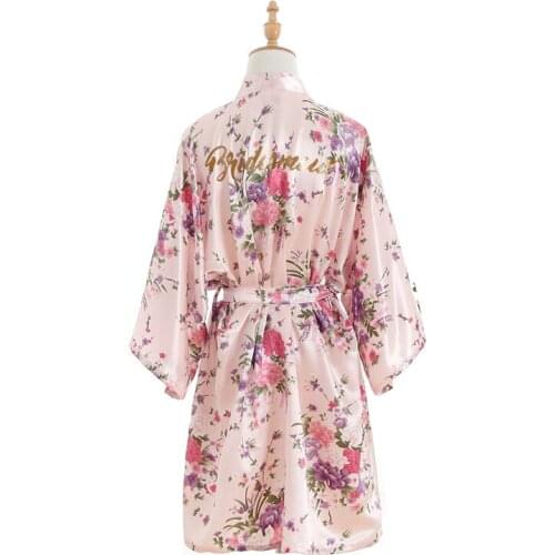 Floral Satin Pink Robe Bridal Dressing Gown Wedding Bride Gold Word Bridesmaid Silk Kimono Robes Bathrobe Sleepwear For Women