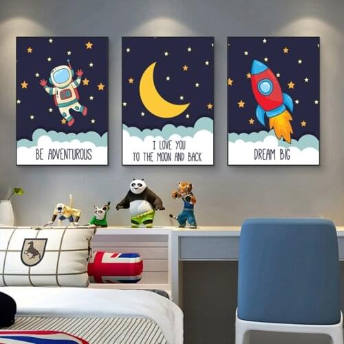 Cartoon Baby Room Decor Wall Art Space Astronaut Rocket Poster Print Child Baby Kids Room Nursery Wall Decor Picture