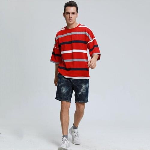 Hip Hip Striped Casual Men T-shirt 2021 Summer Red Plus Size Oversize Loose T Shirt Sports Short-sleeve Tees Top Men Clothing