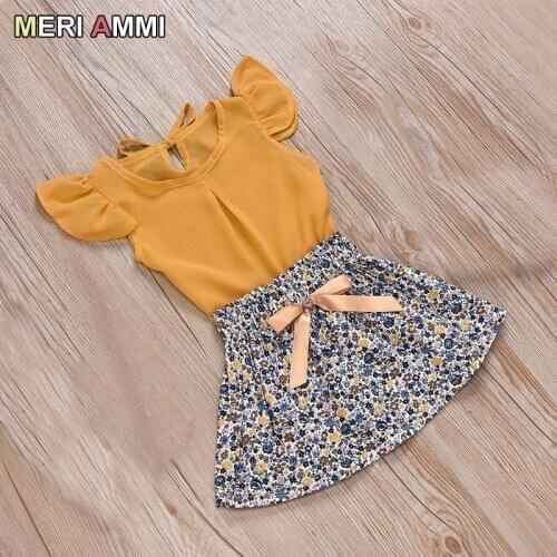 MERI AMMI 2 pcs Set Children Girl Clothing Outfit Set Sleeveless Floral Tee +Flower Skirts For Baby Girl