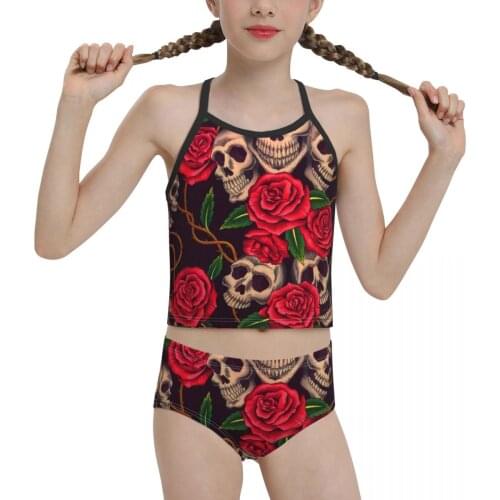 Japanese Anime R374 Swimsuit for Children young Girls Print Rose And Skull Biquini 2021 Wholesale Brand Girl Swimming Suit