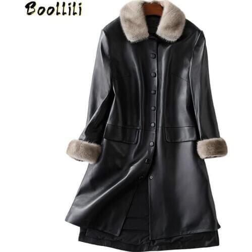 Boollili 2020 New Real Leather Jacket Womens Down Jacket Mink Fur Collar Autumn Winter Long Luxury Genuine Leather Jackets