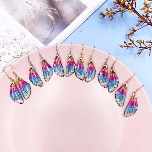 LOVOACC Romantic Rainbow Gradient Resin Cicada Wing Dangle Drop Earrings for Women Crystal Sequins Foil Butterfly Earrings Gift