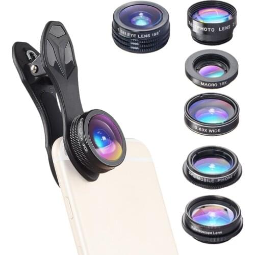 APEXEL 7 in 1 Cellphone Lens Kit 198 Fisheye Lens 0.36X Wide Angle Macro Lens CPL Kaleidoscope 2X Telescope Lens for Phone
