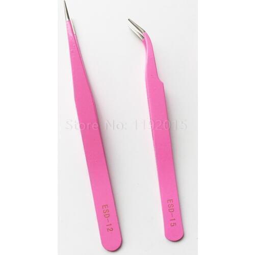 ZtDpLsd 1Pcs Professional Pink Straight & Curved Stainless Steel Tweezers Set For Eyelash Extensions Nail Art Nippers Tools