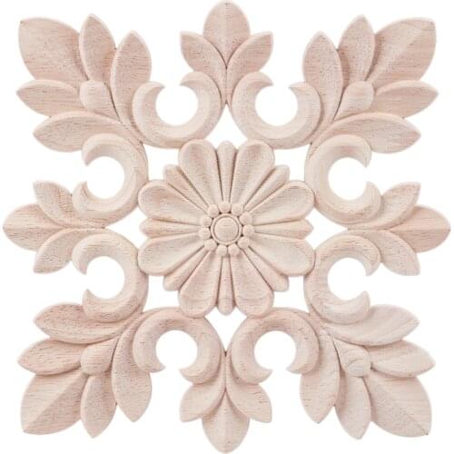 LBER 1 PCS Wood Color 20*20cm Rubber Wood Carved Floral Decal Craft Onlay Applique Furniture DIY Decor